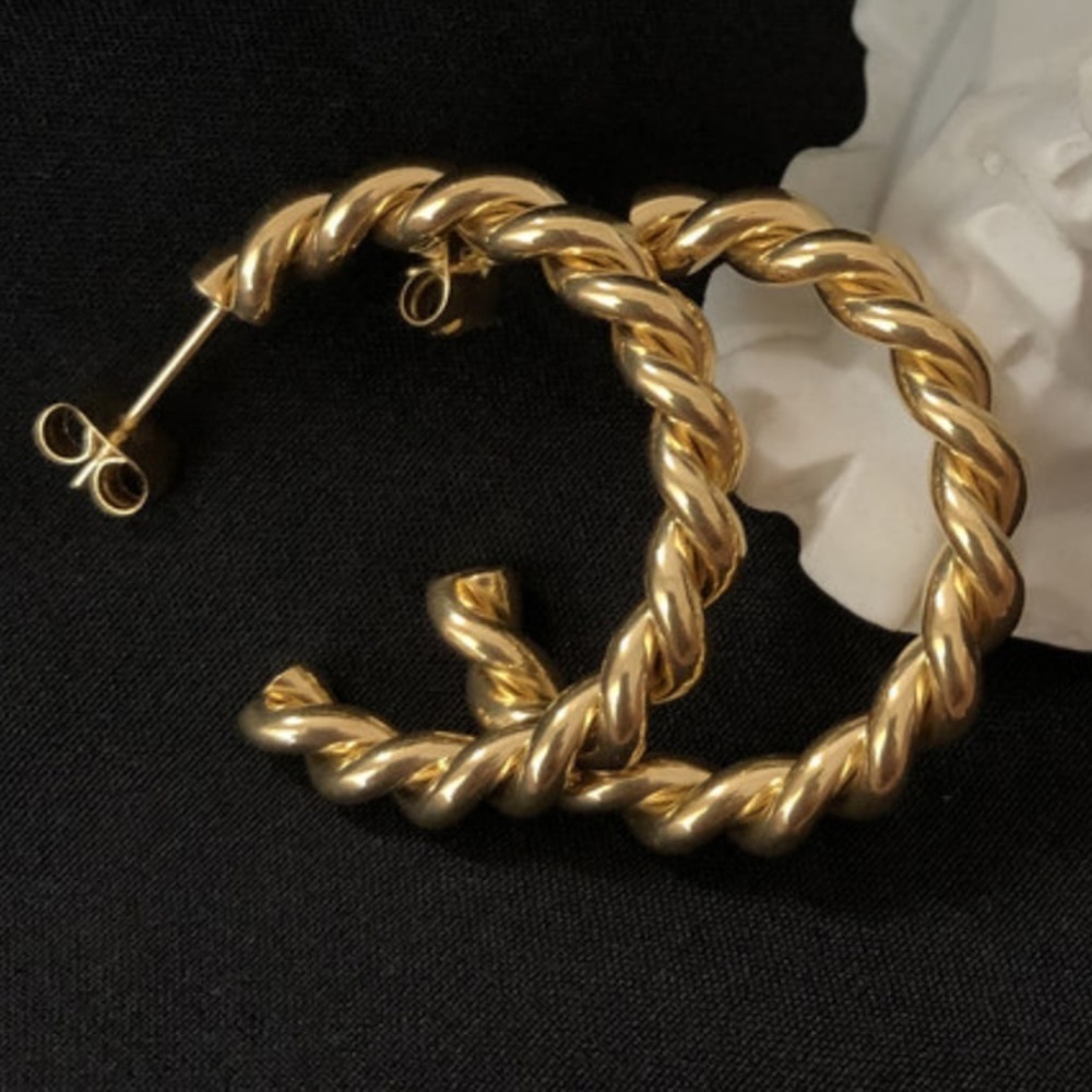 New Chunky 18k Gold Plated Sterling Silver Twisted Push Back Lux Hoop Earrings - Picture 14 of 17